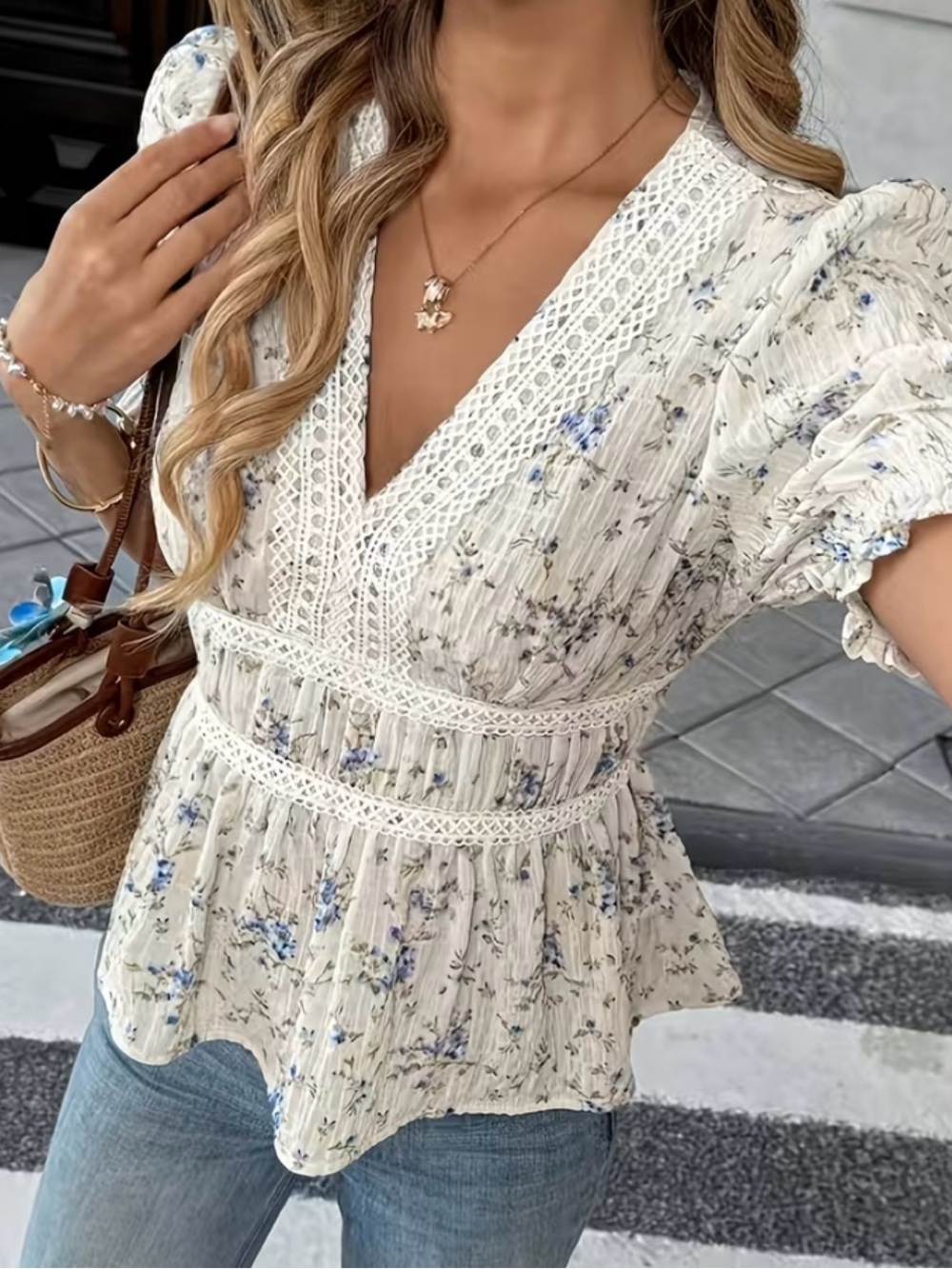 Floral Lace-Trim Peplum Blouse in Cream and Blue - Picture 6 of 6